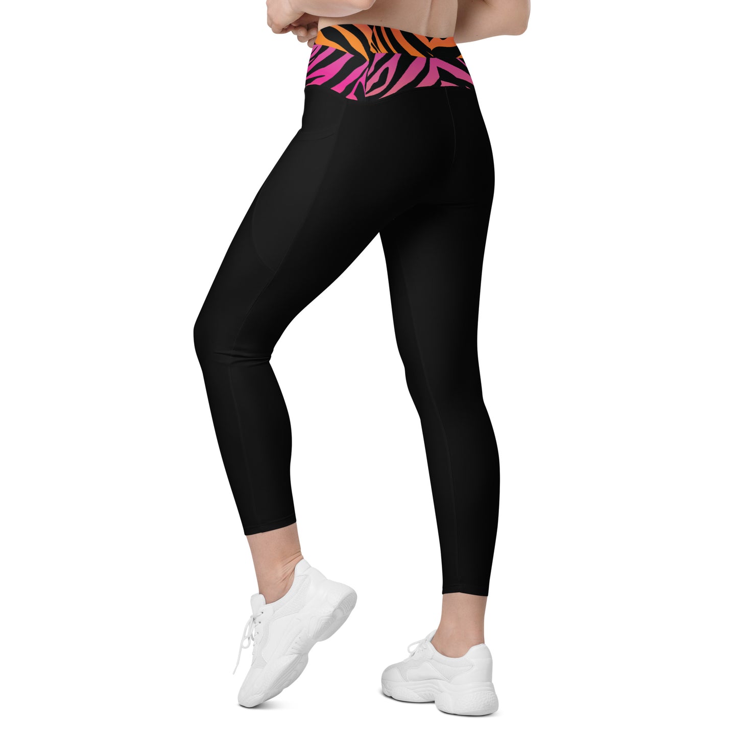 Pink and Orange Tiger Print Waist Leggings with pockets